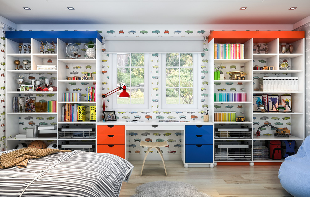 Idéer för att renovera ett mellanstort funkis pojkrum kombinerat med sovrum och för 4-10-åringar, med vita väggar och ljust trägolv