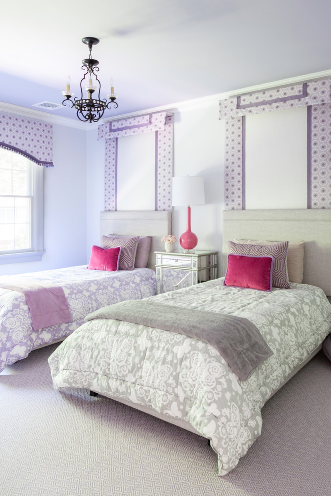 Design ideas for a classic children’s room for girls in New York with white walls, carpet and white floors.