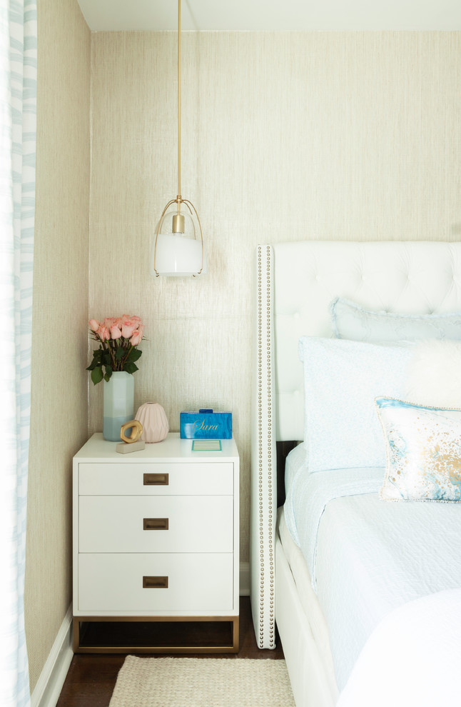 Inspiration for a classic teen’s room for girls in New York with medium hardwood flooring, beige walls, brown floors and wallpapered walls.