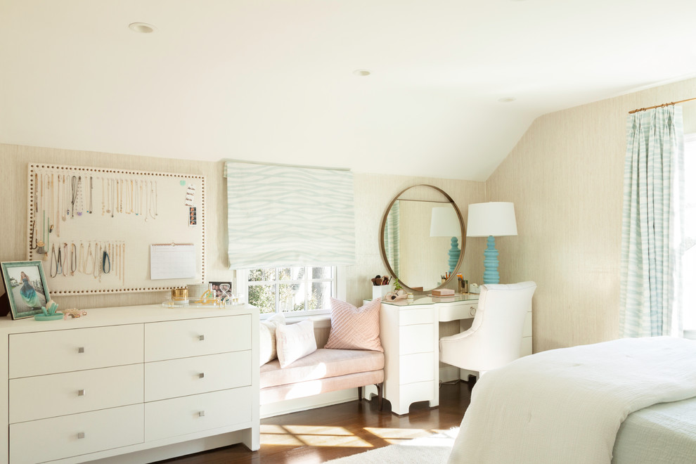 This is an example of a classic teen’s room for girls in New York with medium hardwood flooring, beige walls, brown floors and wallpapered walls.