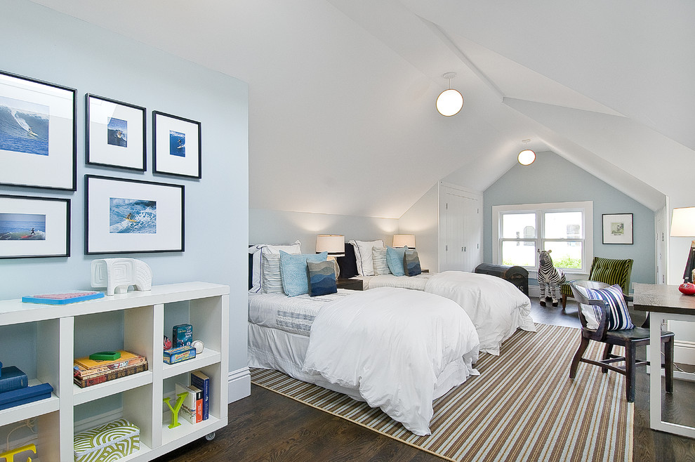 Inspiration for a timeless gender-neutral dark wood floor kids' room remodel in San Francisco with blue walls