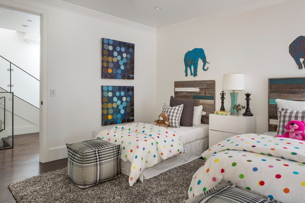 Large modern kids' bedroom in San Francisco with white walls and dark hardwood flooring.