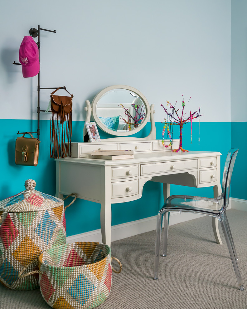Inspiration for a mid-sized eclectic girl carpeted and beige floor kids' room remodel in Atlanta with blue walls
