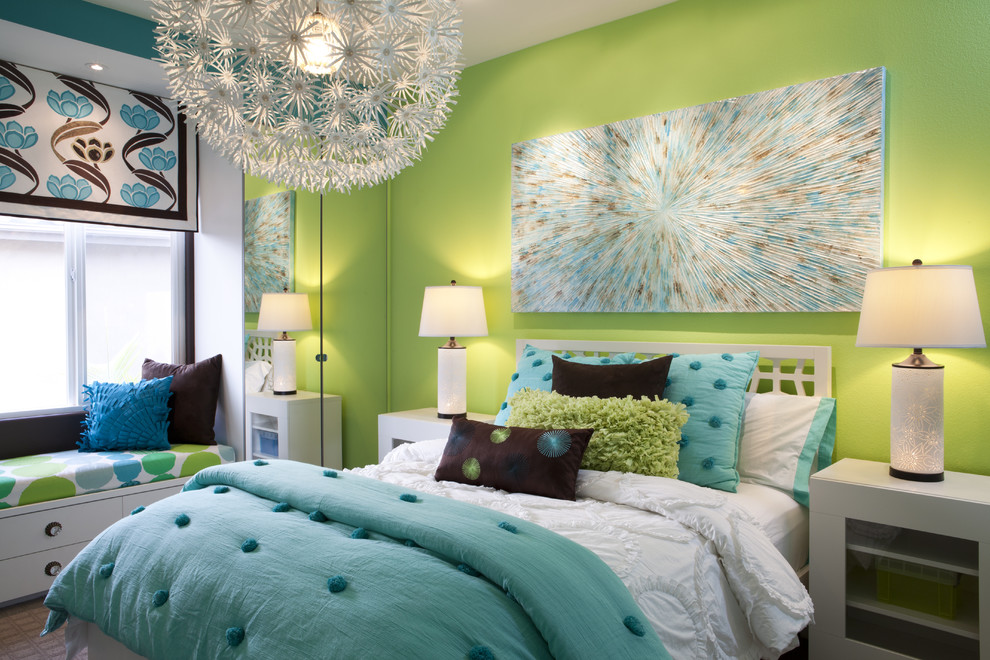 Kids' room - contemporary girl kids' room idea in San Diego with green walls