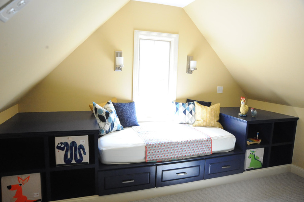 This is an example of a large nautical gender neutral children’s room in Indianapolis with yellow walls and carpet.