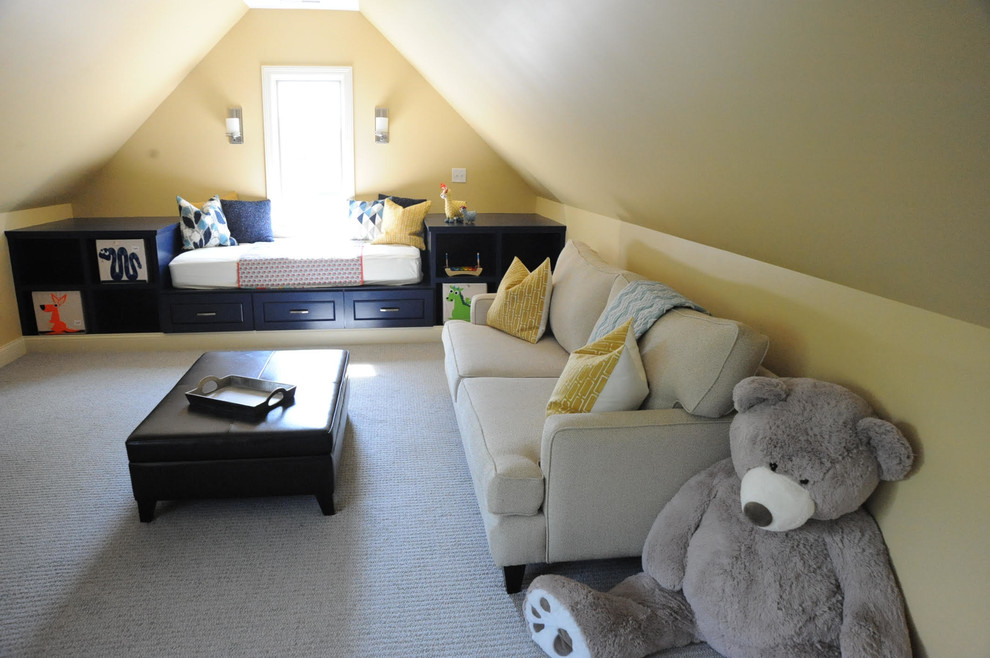 Foto de dormitorio infantil de 4 a 10 años marinero grande con paredes amarillas y moqueta