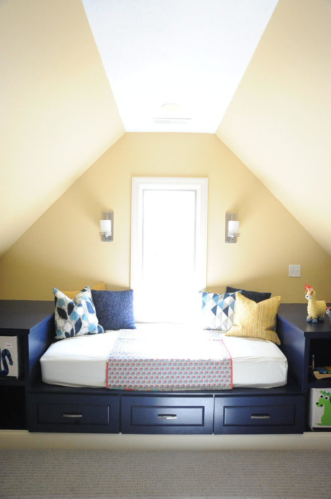 Example of a large beach style gender-neutral carpeted kids' room design in Indianapolis with yellow walls