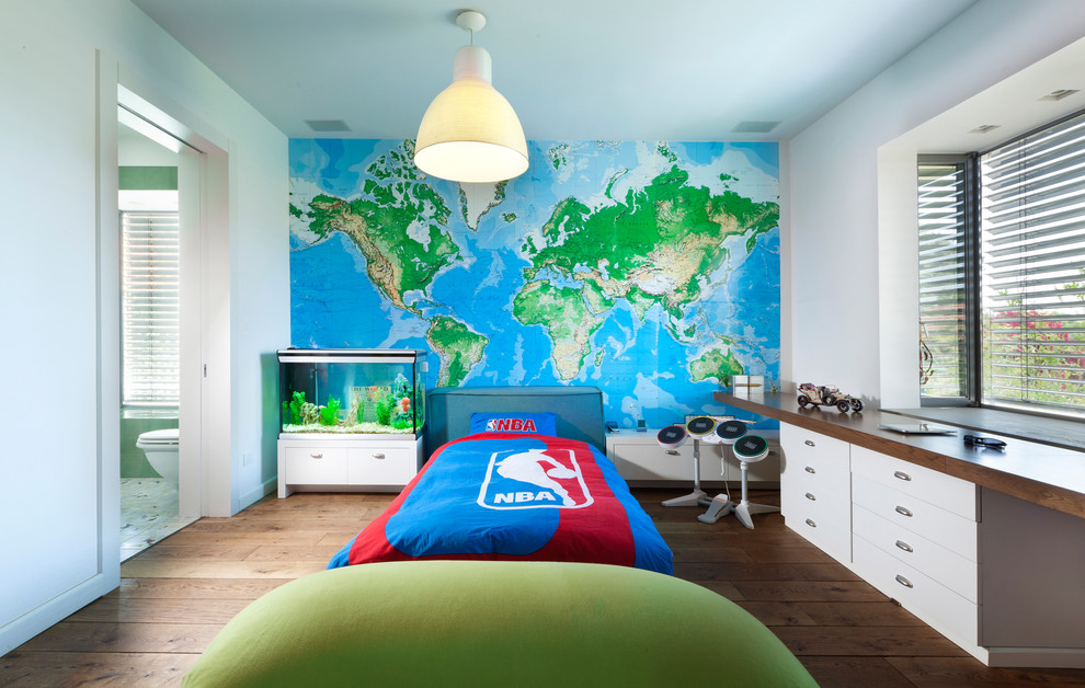Childrens' room - eclectic boy medium tone wood floor childrens' room idea in Other