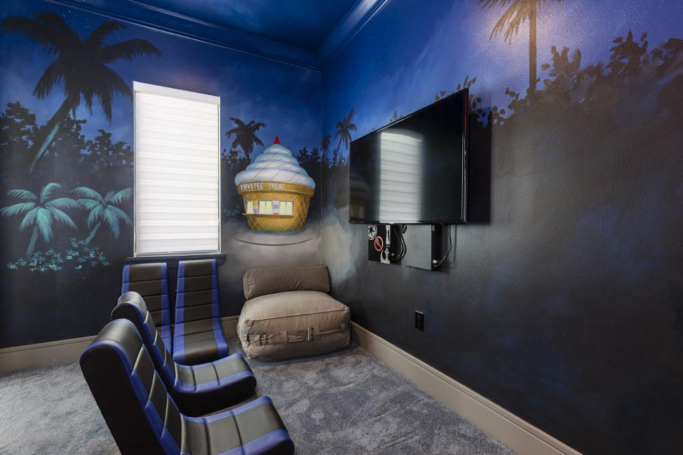 Kids' room - large contemporary gender-neutral carpeted and gray floor kids' room idea in Orlando with blue walls