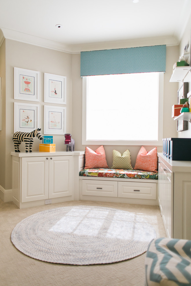Kids' room - mid-sized transitional gender-neutral carpeted kids' room idea in San Francisco with gray walls