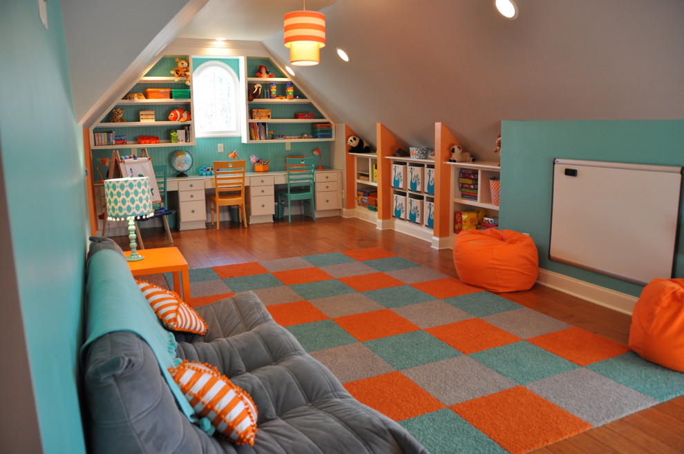 Elegant playroom photo with blue walls