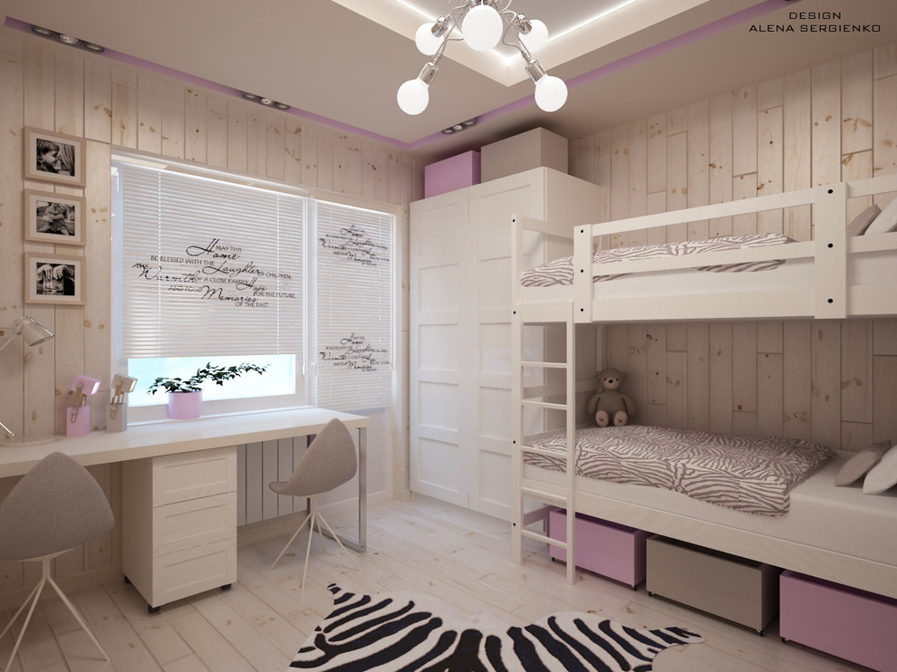 Design ideas for a small contemporary teen’s room for girls in Other with white walls.