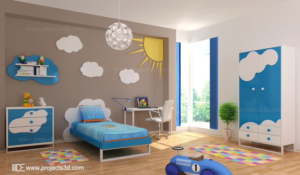 Réalisation d'une chambre d'enfant de 4 à 10 ans minimaliste de taille moyenne avec un mur beige et un sol en bois brun.