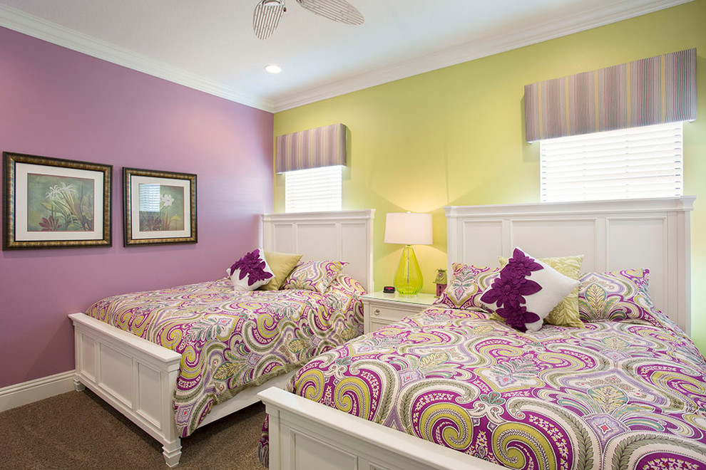 Inspiration for a timeless girl carpeted kids' room remodel in Orlando with multicolored walls