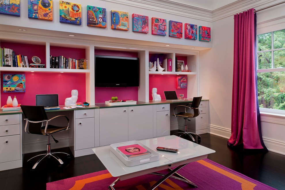 Kids' room - contemporary black floor kids' room idea in New York with pink walls