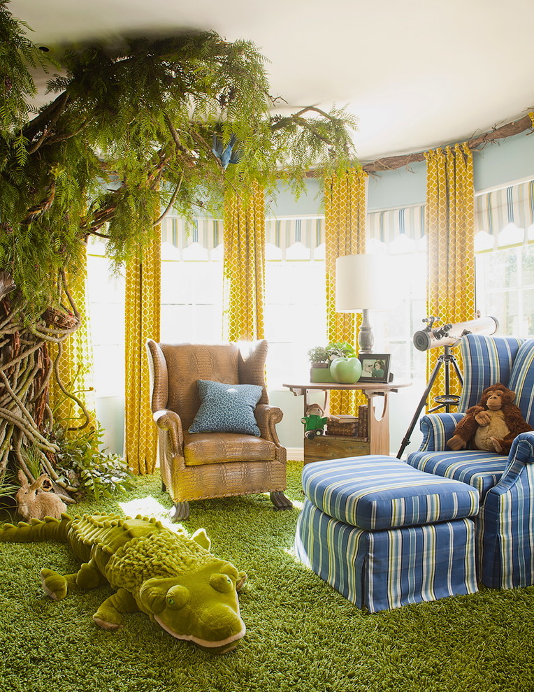 Kids' room - traditional gender-neutral carpeted kids' room idea in Los Angeles with blue walls