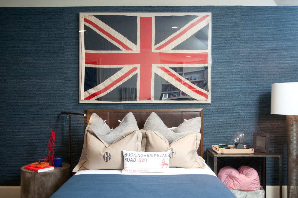 Neutrales Modernes Jugendzimmer mit Schlafplatz und blauer Wandfarbe in Houston