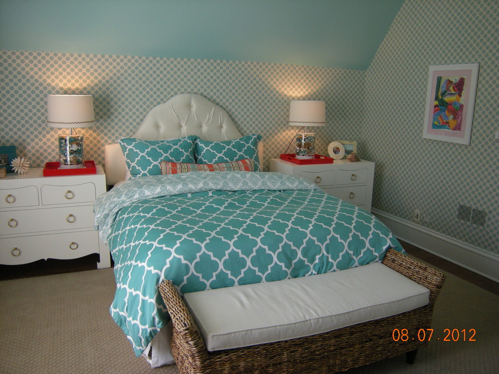 Kids' room - mid-sized eclectic girl dark wood floor kids' room idea in Chicago with blue walls