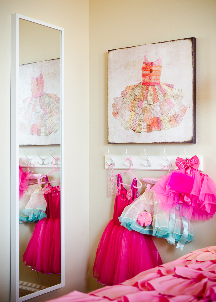 Minimalist girl carpeted kids' room photo in Oklahoma City with beige walls