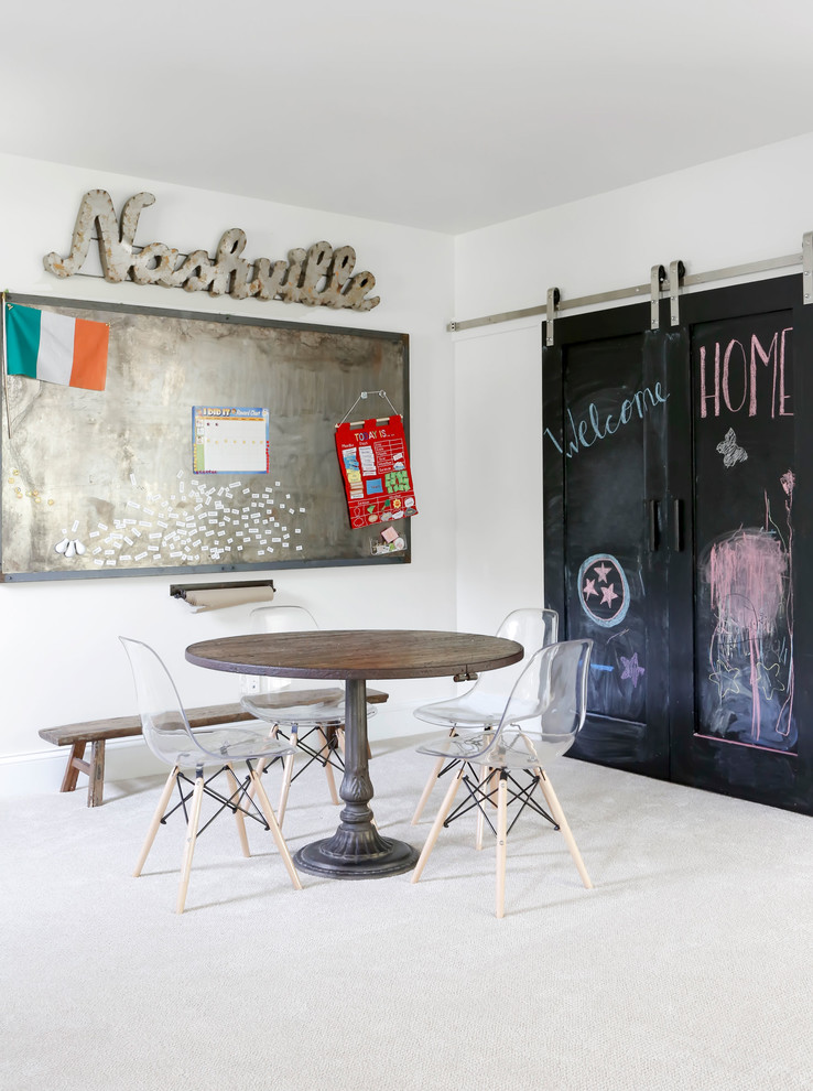 Transitional gender-neutral carpeted and beige floor kids' room photo in Nashville with white walls