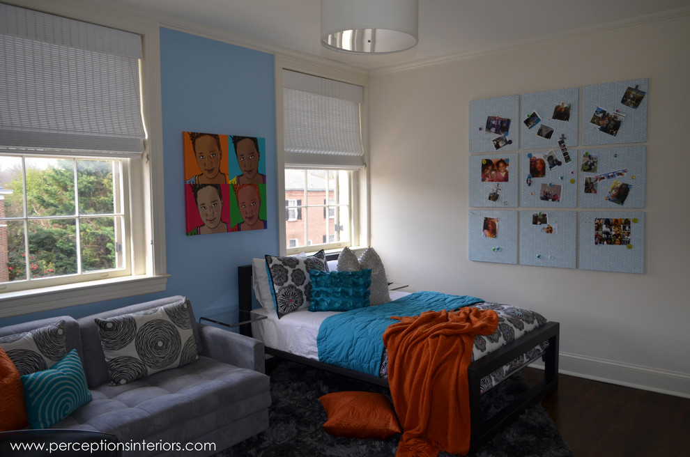 Mid-sized eclectic girl medium tone wood floor kids' room photo in DC Metro with blue walls