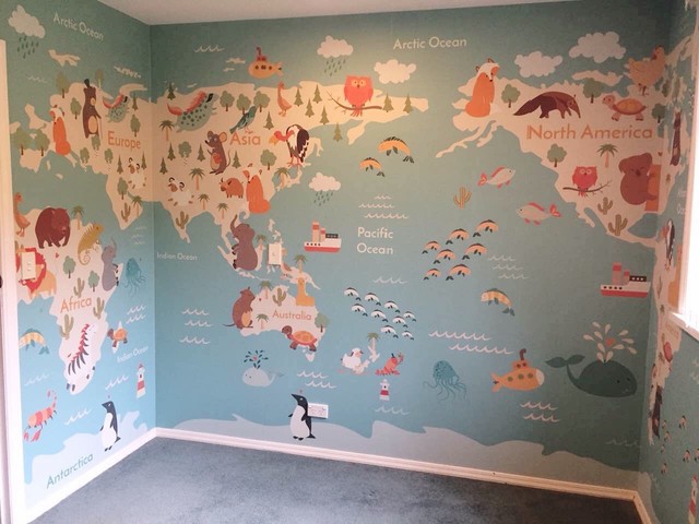 Kids World Map Wallpaper Mural Contemporary Christchurch By Bc Magic Houzz Nz - World Map Wallpaper Kids