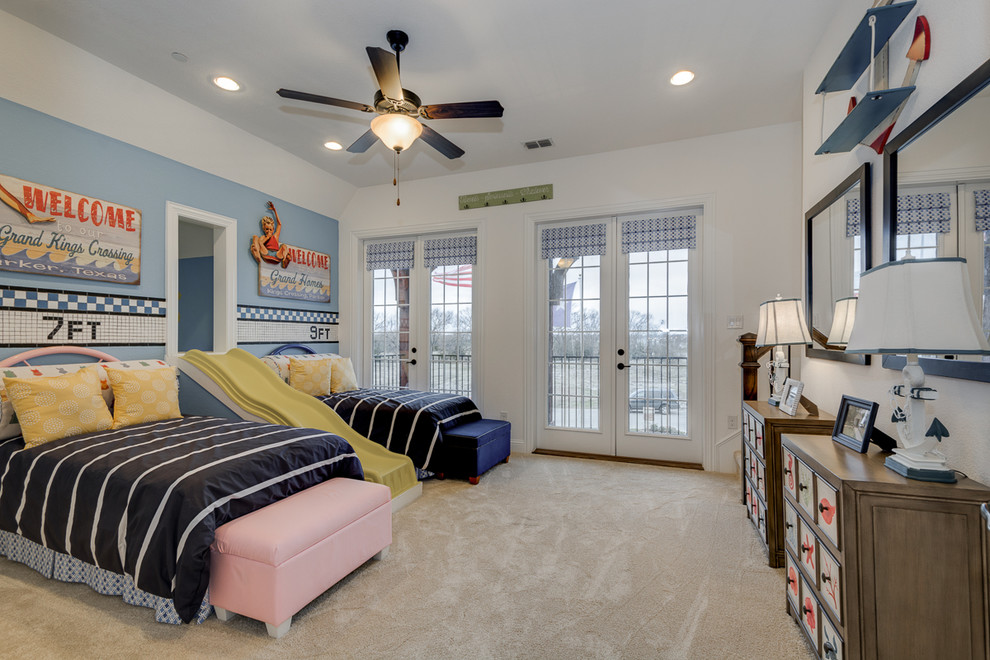 Example of a large transitional gender-neutral carpeted kids' room design in Dallas with multicolored walls