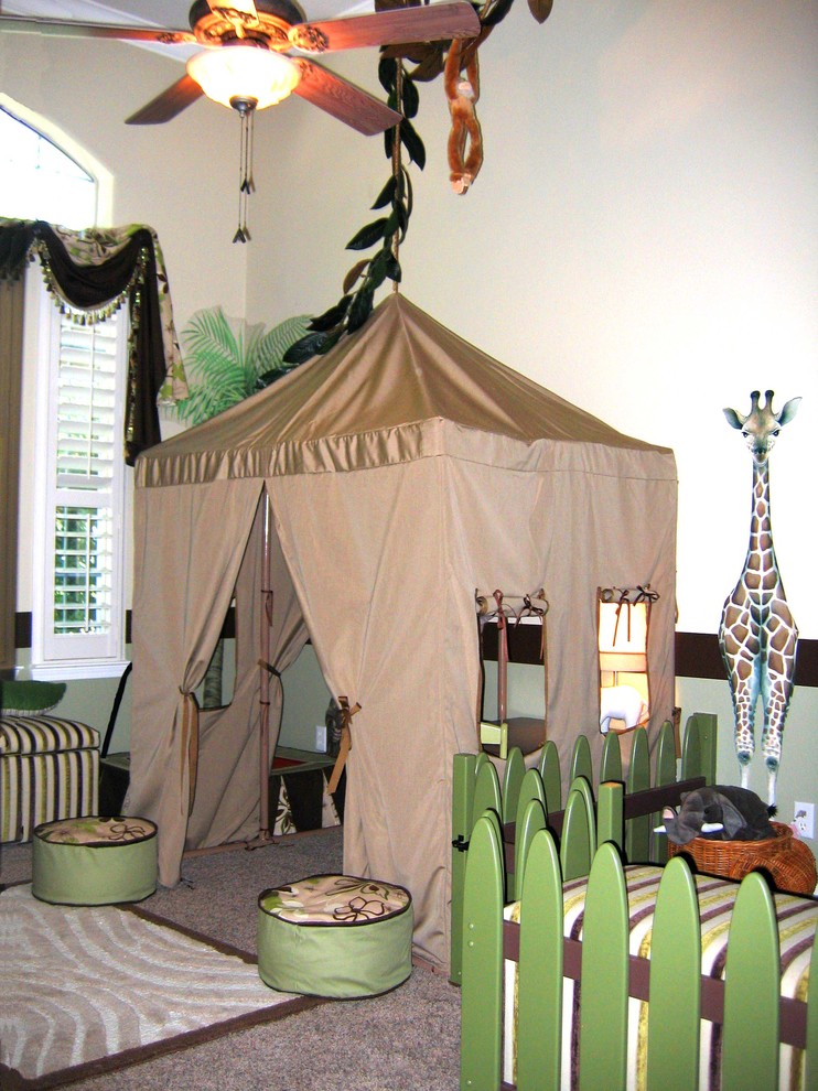 Kids' room - large tropical gender-neutral carpeted kids' room idea in Sacramento with beige walls