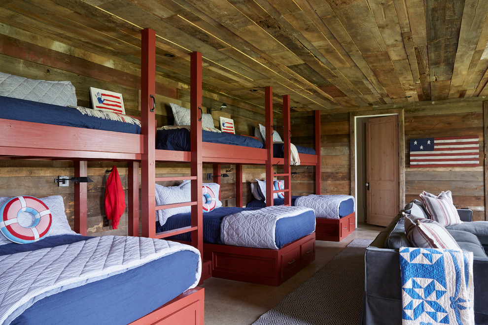 Idées déco pour une chambre d'enfant bord de mer avec un mur marron et un lit superposé.