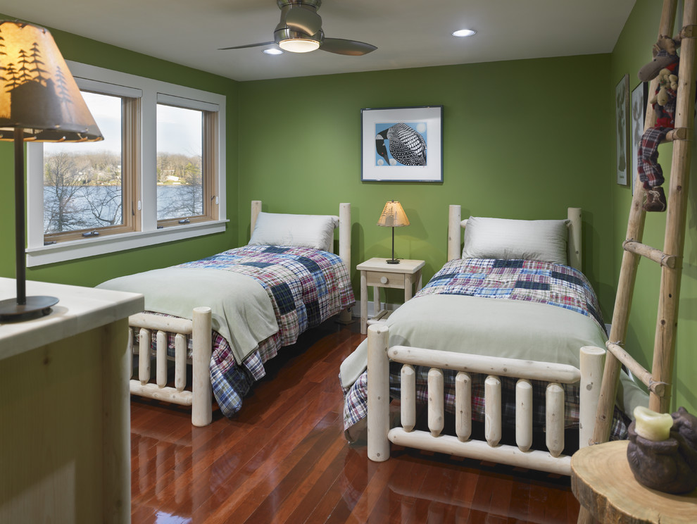 Imagen de dormitorio infantil contemporáneo con paredes verdes