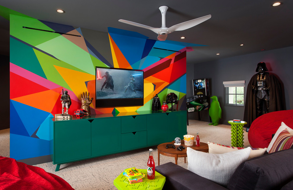 Idées déco pour une salle de jeux d'enfant contemporaine avec un mur multicolore, moquette, un sol beige et du papier peint.