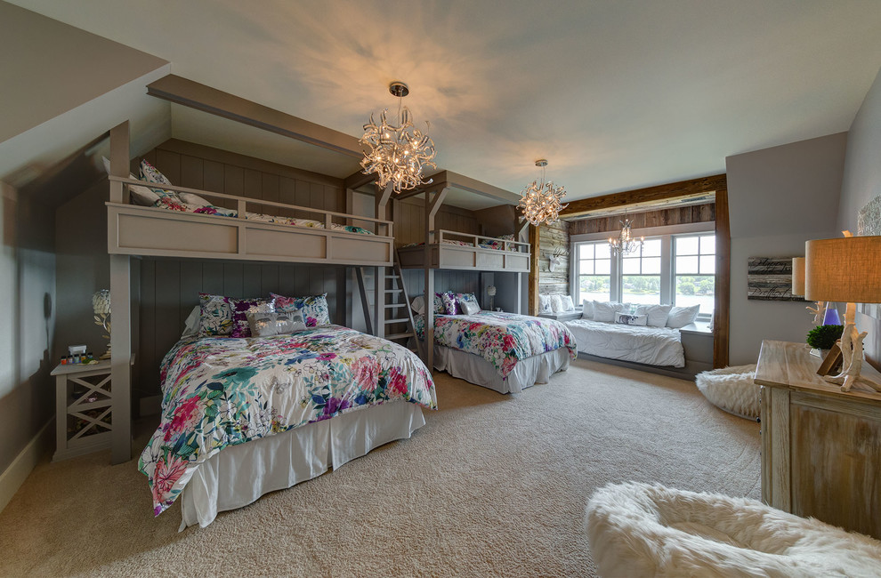 На фото: детская в стиле рустика с спальным местом, серыми стенами, ковровым покрытием и бежевым полом для подростка, девочки, двоих детей