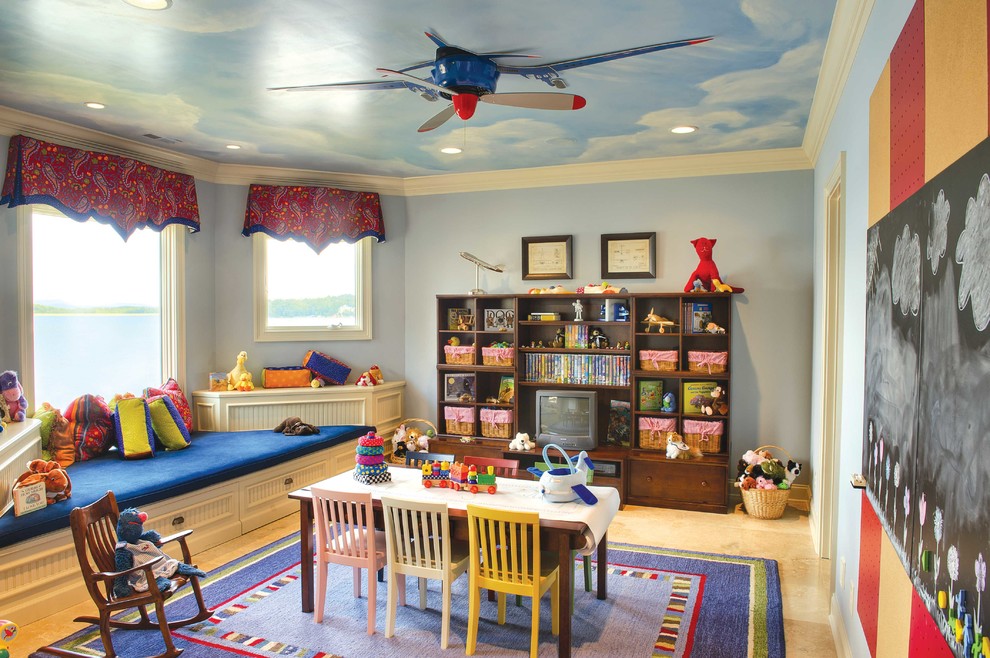 На фото: нейтральная детская с игровой в классическом стиле с синими стенами для ребенка от 1 до 3 лет