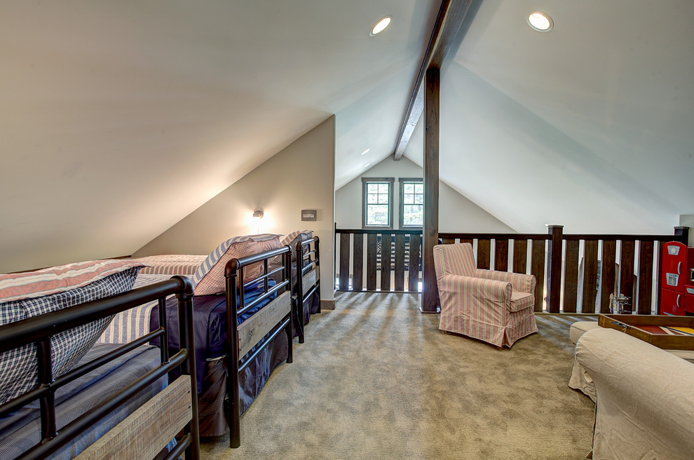 Kids' bedroom - mid-sized craftsman gender-neutral carpeted kids' bedroom idea in Grand Rapids with beige walls