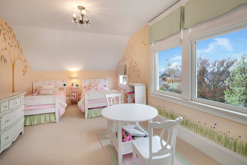 Design ideas for a classic children’s room for girls in Seattle with carpet.