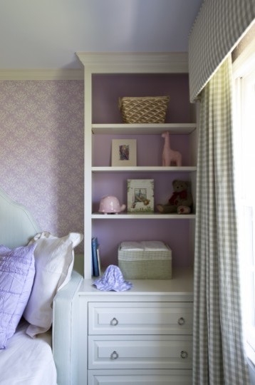 Mid-sized transitional girl carpeted kids' room photo in DC Metro with purple walls