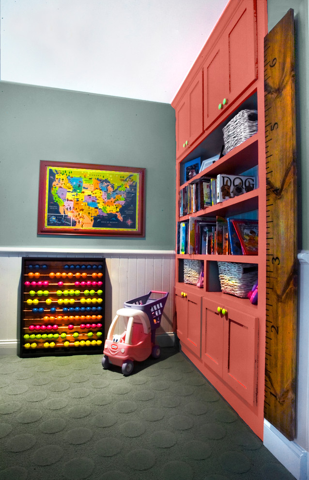 Kids' room - mid-sized traditional gender-neutral carpeted and green floor kids' room idea in Other with green walls