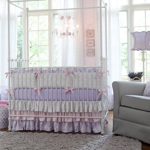 Lilac and Silver Gray Damask Crib Bedding Collection by Carousel