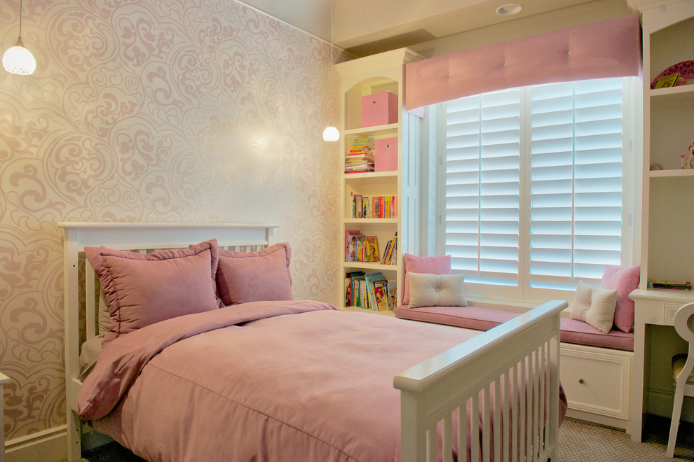 Medium sized classic children’s room for girls in Phoenix with white walls, carpet and beige floors.