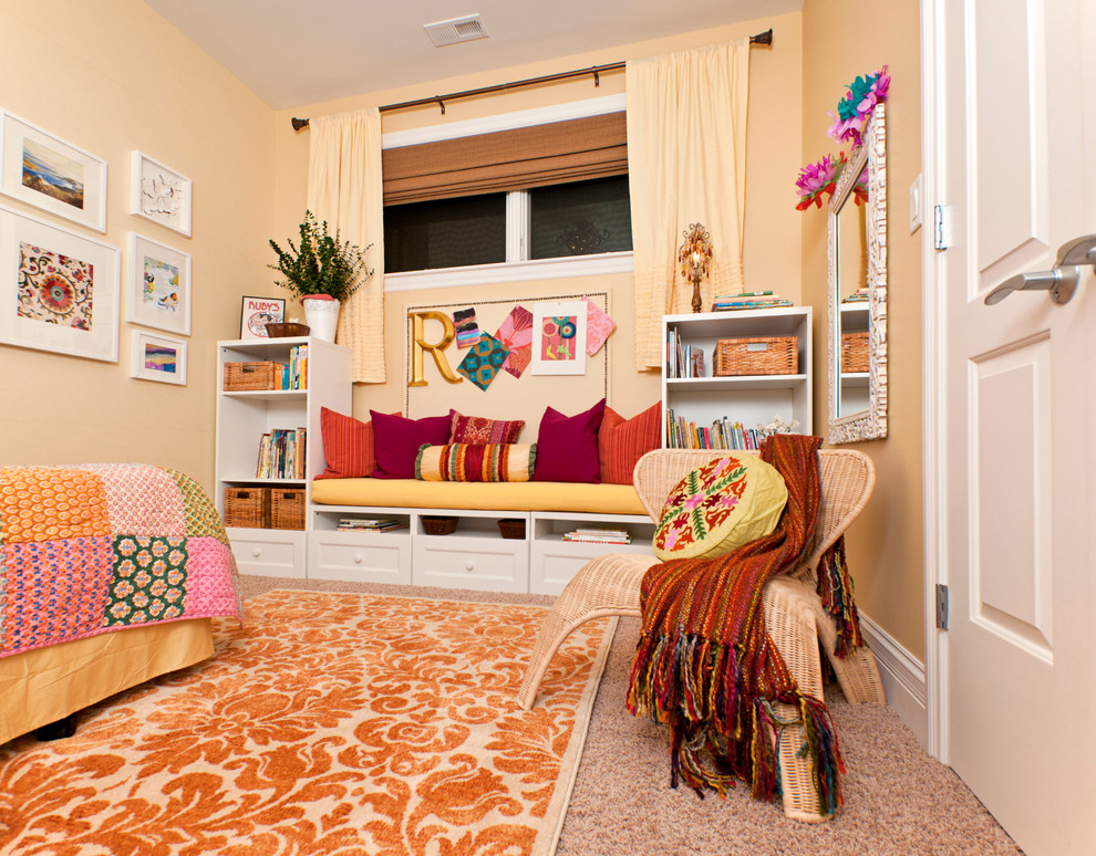 Inspiration for a small shabby-chic style children’s room for girls in Chicago with orange walls and carpet.