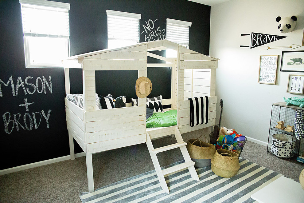 Example of a transitional boy carpeted playroom design in Phoenix with multicolored walls
