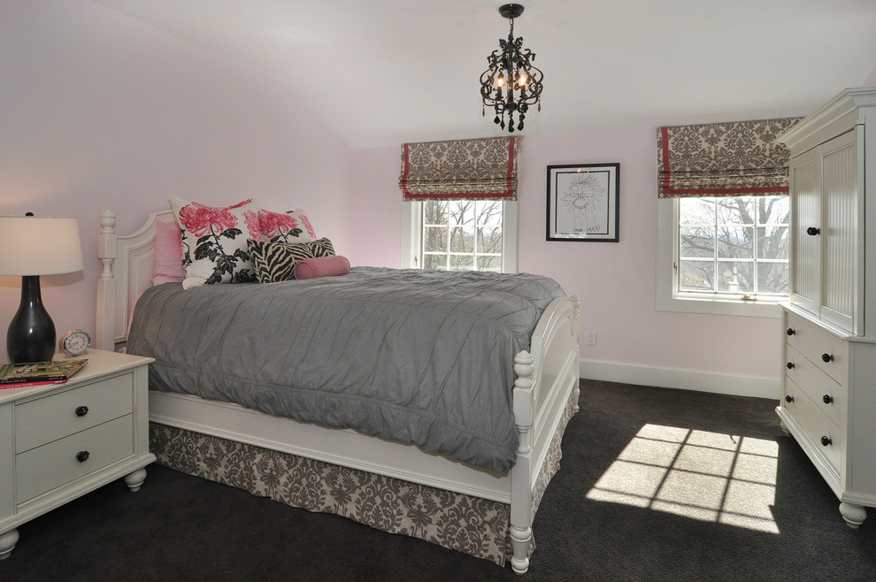 Design ideas for a large classic teen’s room for girls in New York with pink walls and carpet.