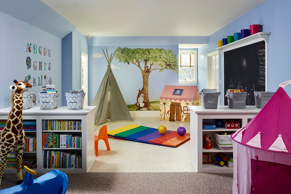 Foto di un'ampia cameretta per bambini da 4 a 10 anni chic con pareti blu