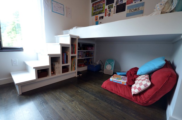 Lofted bed with storage and reading nook Contemporary Kids