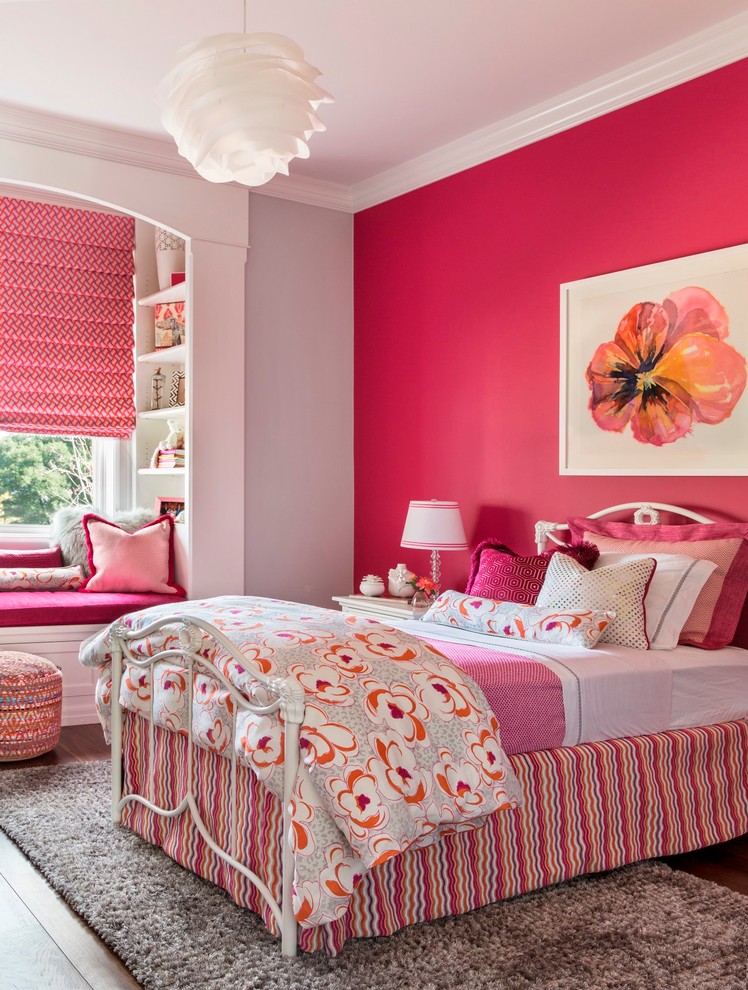 Inspiration for a medium sized traditional teen’s room for girls in San Francisco with pink walls.