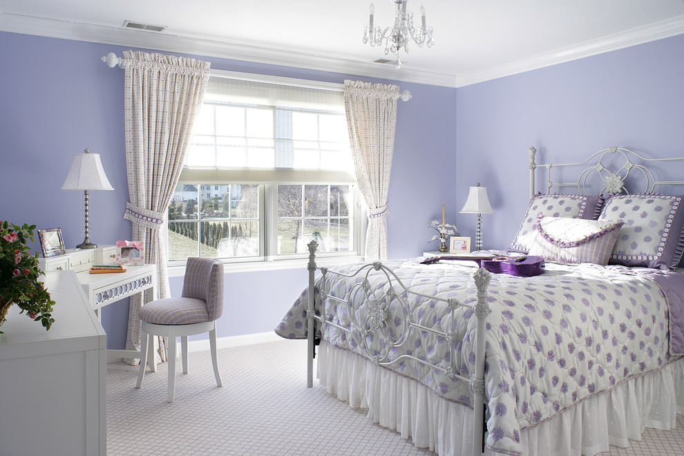 Mid-sized eclectic girl carpeted kids' room photo in Newark with purple walls