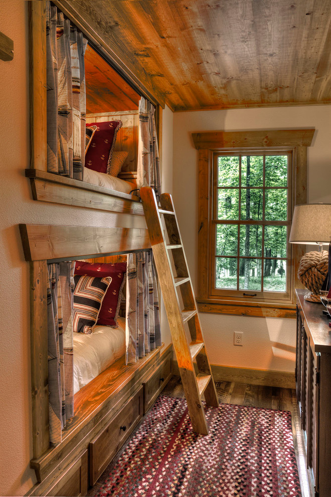 Inspiration for a rustic kids' bedroom in Minneapolis with beige walls and dark hardwood flooring.