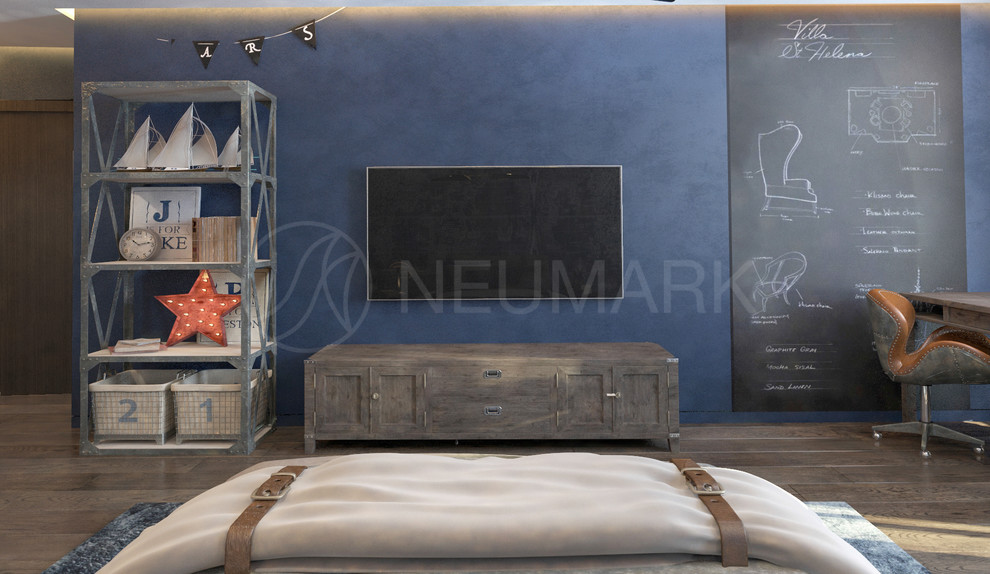 Ejemplo de habitación de niño bohemia grande con paredes azules y suelo de madera en tonos medios