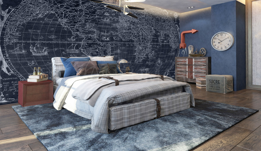 Foto de habitación de niño bohemia grande con paredes azules y suelo de madera en tonos medios