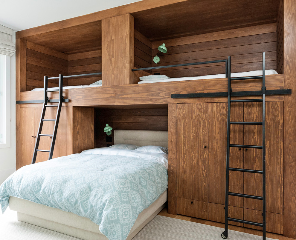 Exemple d'une chambre d'enfant de 4 à 10 ans tendance avec un sol en bois brun, un mur multicolore et un lit superposé.